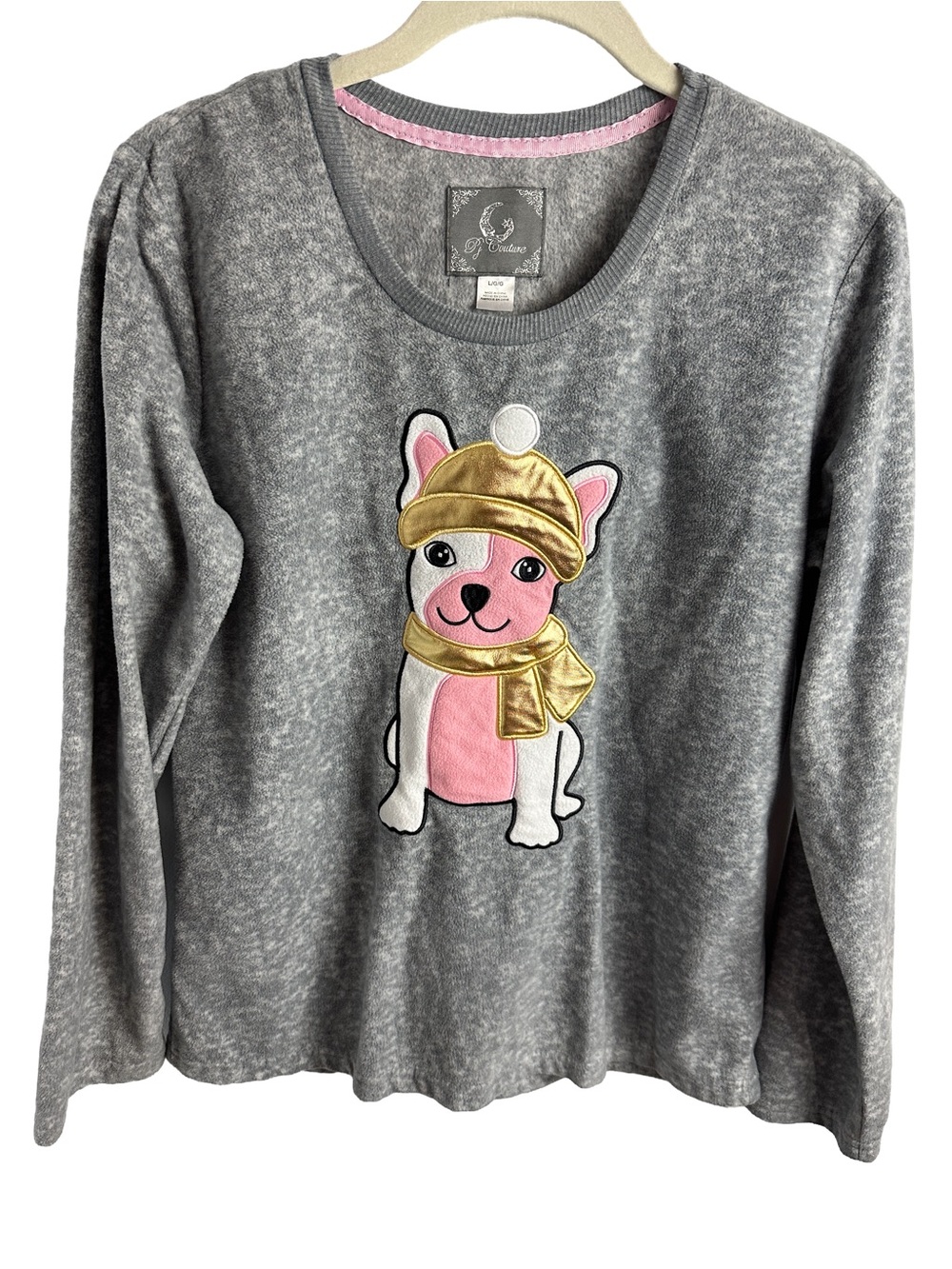 Pj Couture Gray Fleece Pajama Top Sweatshirt with Pink Puppy Appliqué L